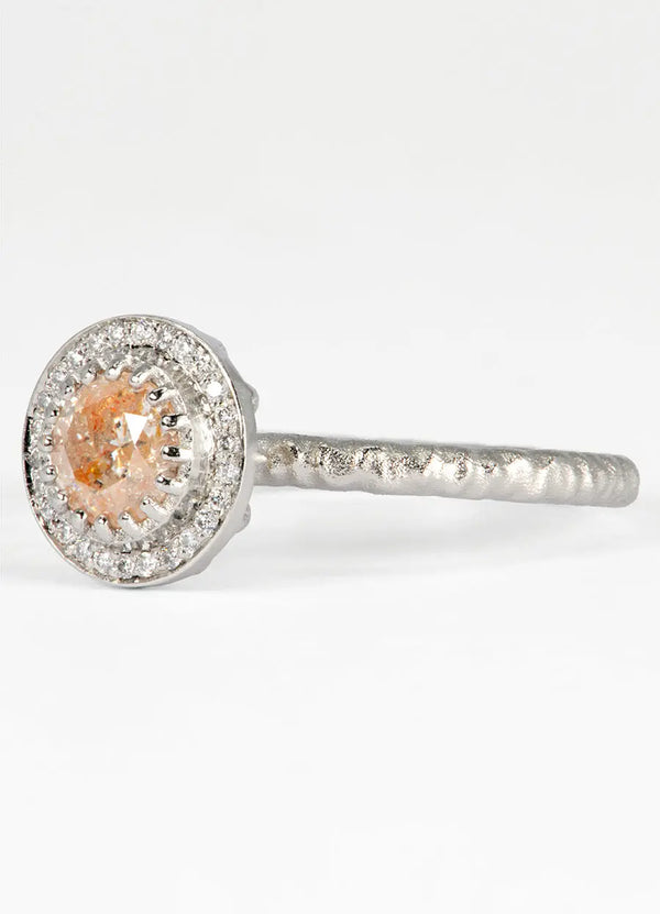 72pt Peach Champagne and White Diamond Halo Ring - James Newman Jewellery
