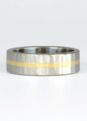 6mm Hand Forged Hammered Wedding Rings with 18ct Yellow Gold Inlay James Newman Jewellery