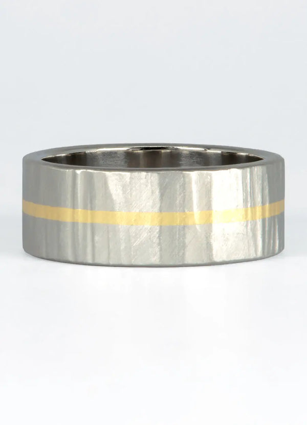 8mm Hand Forged Hammered Wedding Rings with 18ct Yellow Gold Inlay James Newman Jewellery