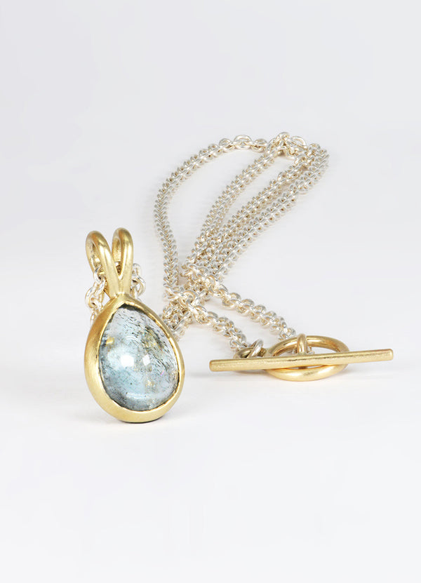 3.8ct Cabochon Pear Aquamarine T-Bar Necklace James Newman Jewellery