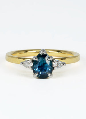 1.02ct Pear Shaped Teal Sapphire Trilogy Ring James Newman Jewellery