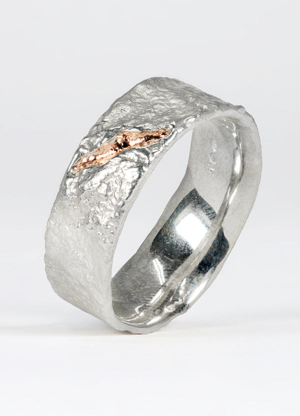 Wide Silver Flux Rings with 9ct Red Gold Fissure James Newman Jewellery