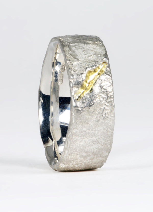 Wide Silver Flux Rings with 9ct Yellow Gold Fissure James Newman Jewellery