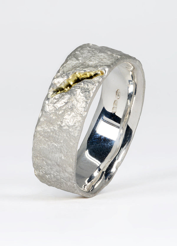 Wide Silver Flux Rings with 9ct Yellow Gold Fissure James Newman Jewellery