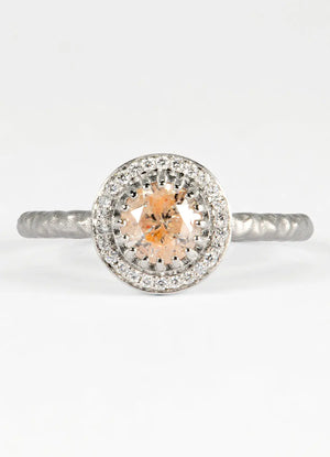 72pt Peach Champagne and White Diamond Halo Ring - James Newman Jewellery