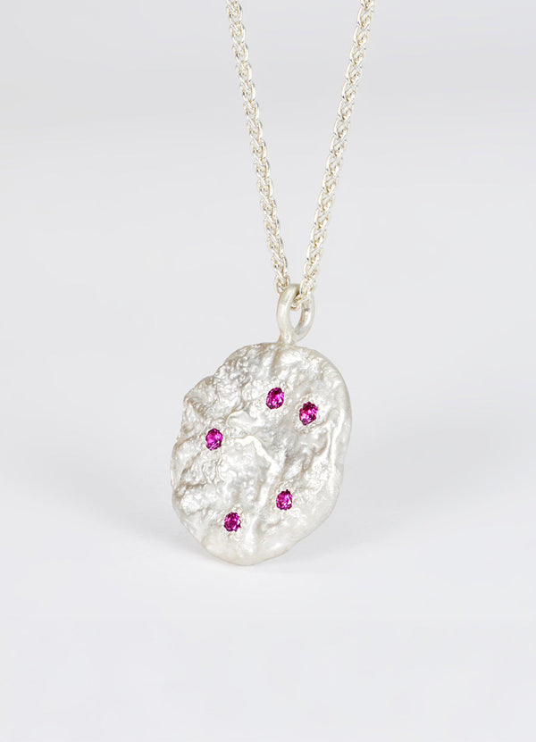 Pink Sapphire Encrusted Round Silver Flux Pendant James Newman Jewellery
