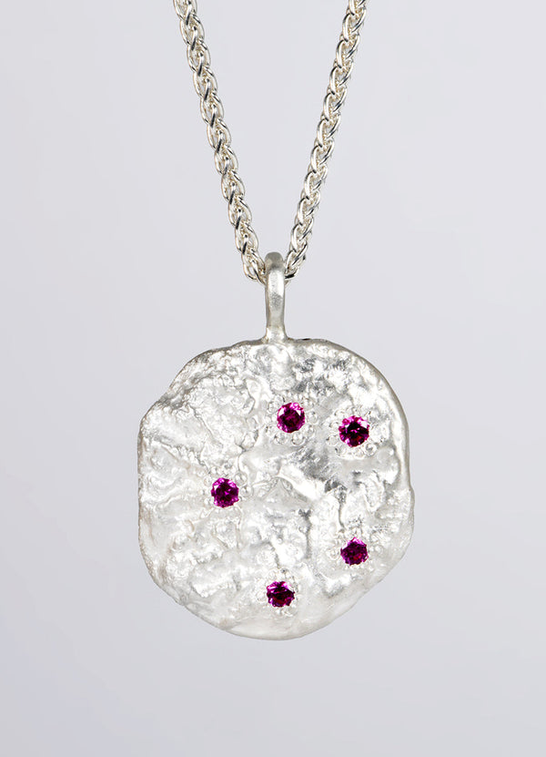 Pink Sapphire Encrusted Round Silver Flux Pendant James Newman Jewellery