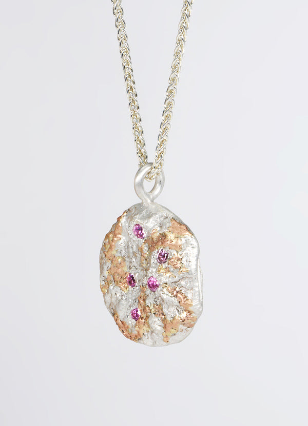 Pink Sapphire Encrusted Round Silver Flux Pendant with Red Gold Detail James Newman Jewellery