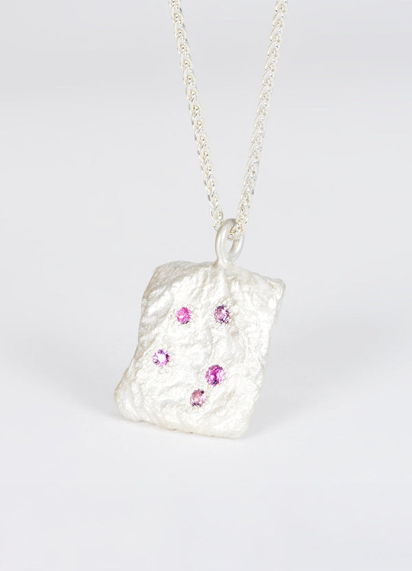 Pink Sapphire Encrusted Square Silver Flux Pendant James Newman Jewellery