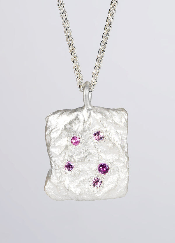 Pink Sapphire Encrusted Square Silver Flux Pendant James Newman Jewellery
