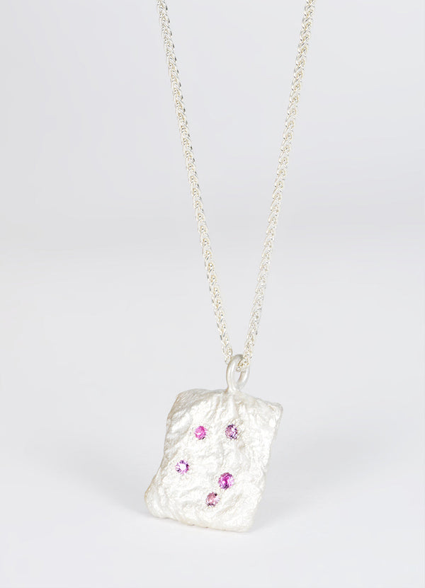 Pink Sapphire Encrusted Square Silver Flux Pendant James Newman Jewellery