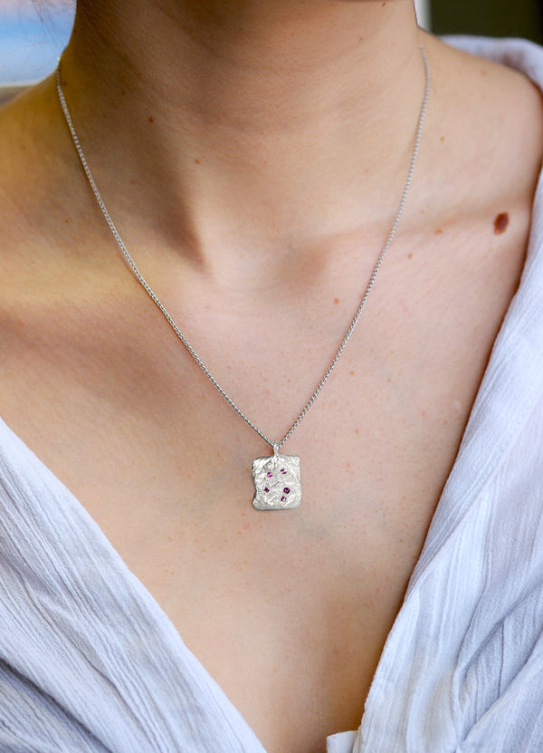 Pink Sapphire Encrusted Square Silver Flux Pendant James Newman Jewellery