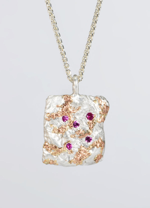 Pink Sapphire Encrusted Square Silver Flux Pendant with Red Gold Detail James Newman Jewellery