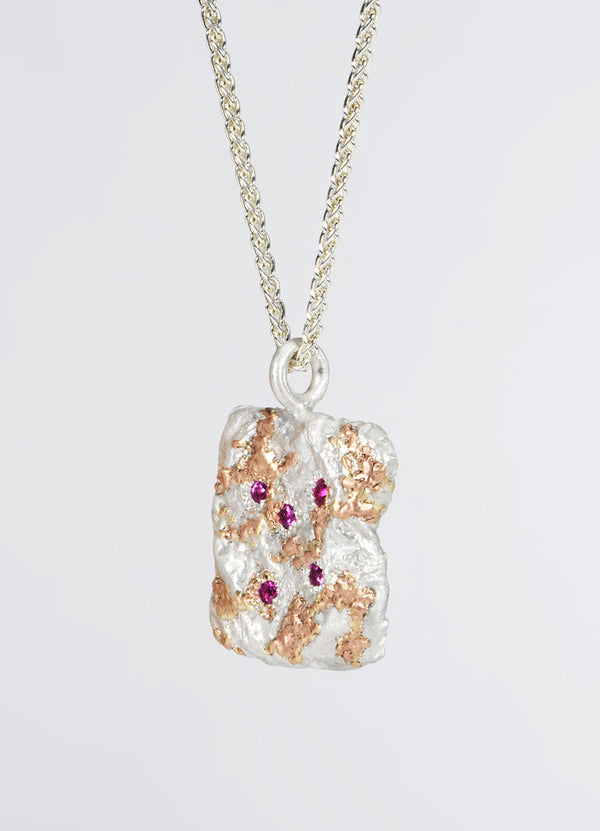 Pink Sapphire Encrusted Square Silver Flux Pendant with Red Gold Detail James Newman Jewellery