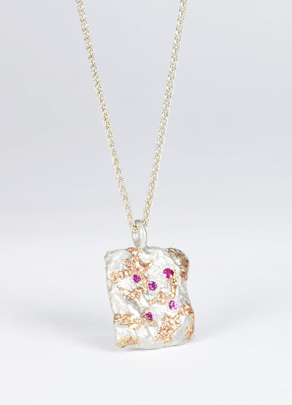 Pink Sapphire Encrusted Square Silver Flux Pendant with Red Gold Detail James Newman Jewellery