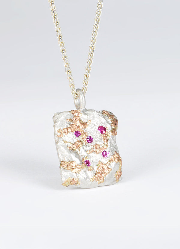 Pink Sapphire Encrusted Square Silver Flux Pendant with Red Gold Detail James Newman Jewellery