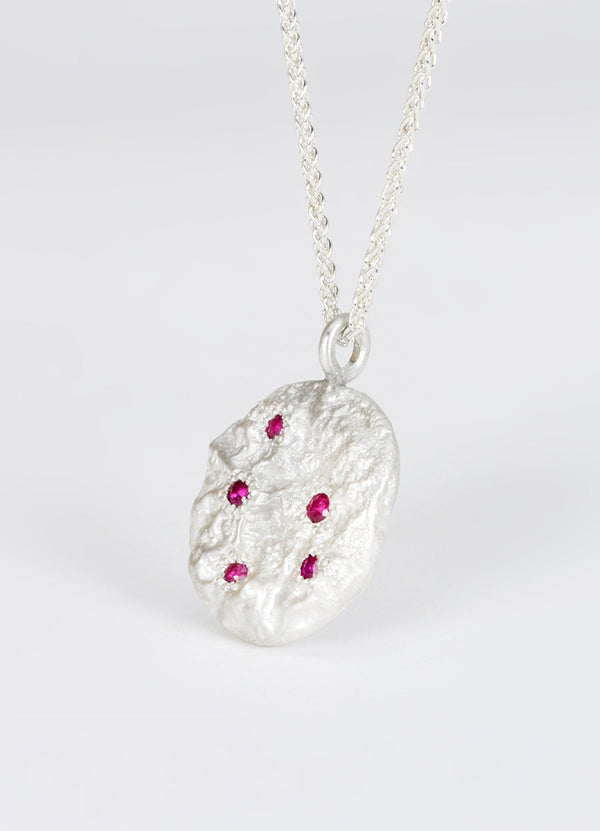 Ruby Encrusted Round Silver Flux Pendant James Newman Jewellery