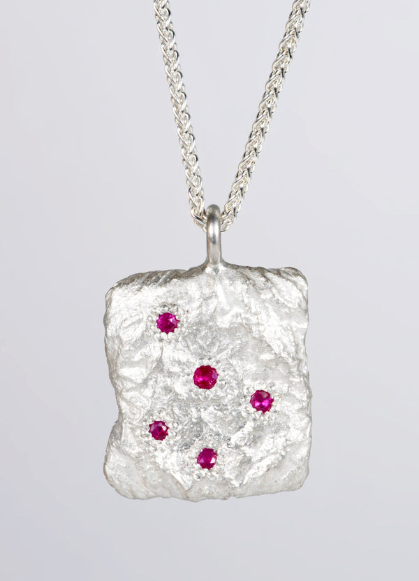 Ruby Encrusted Square Silver Flux Pendant James Newman Jewellery