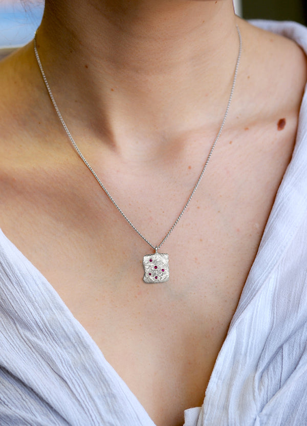 Ruby Encrusted Square Silver Flux Pendant James Newman Jewellery