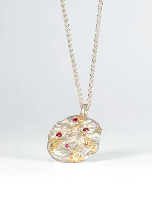 Ruby Encrusted Round Flux Pendant with Yellow Gold Detail James Newman Jewellery