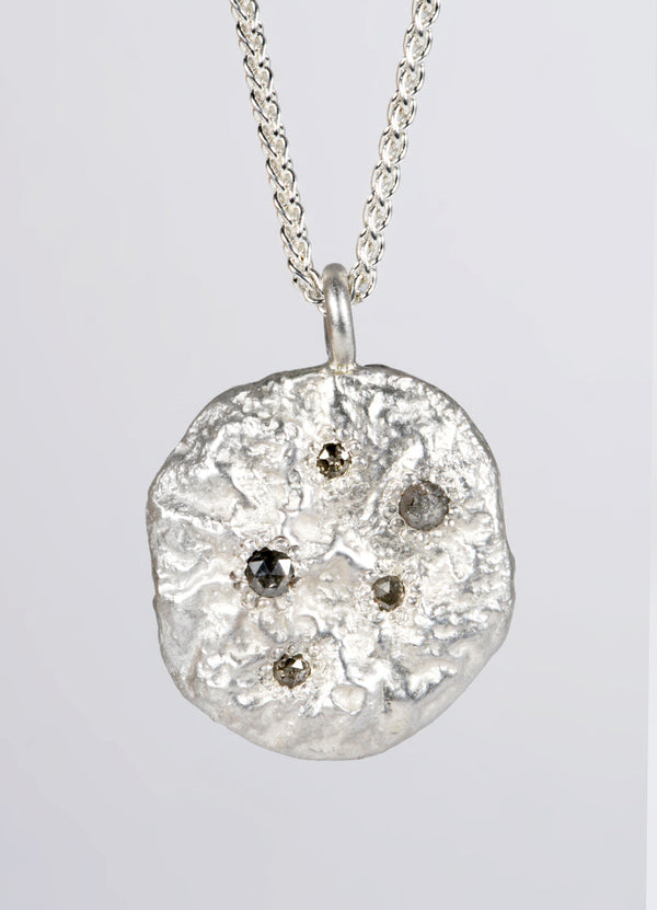 Salt & Pepper Diamond Encrusted Round Silver Flux Pendant James Newman Jewellery