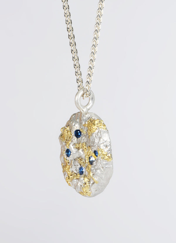 Sapphire Encrusted Round Silver Flux Pendant with Yellow Gold Detail James Newman Jewellery