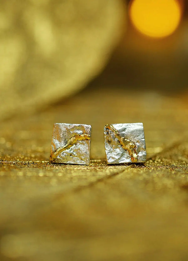 Small Square Flux Studs with 18ct Yellow Gold Canyon James Newman Jewellery