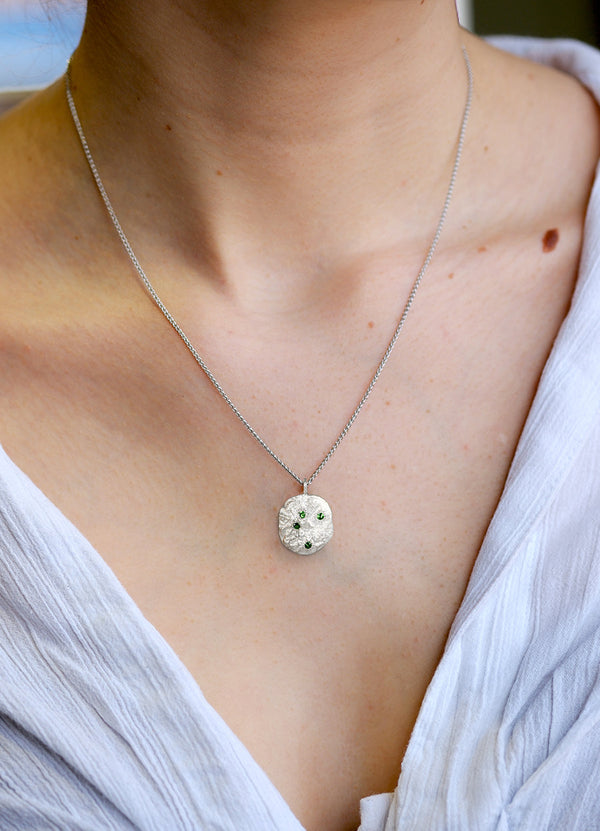 Tsavorite Garnet Encrusted Round Silver Flux Pendant James Newman Jewellery