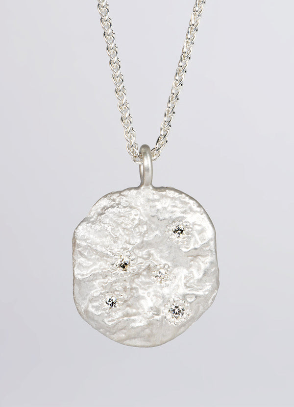 Diamond Encrusted Round Silver Flux Pendant James Newman Jewellery